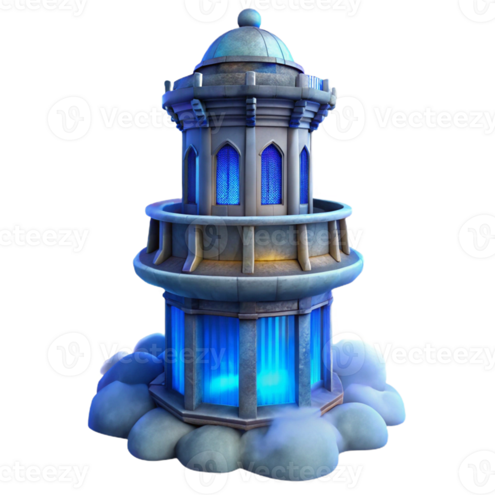 stunning traditional Ethereal Urban Tower Isolated with Blue Tinted Fog png