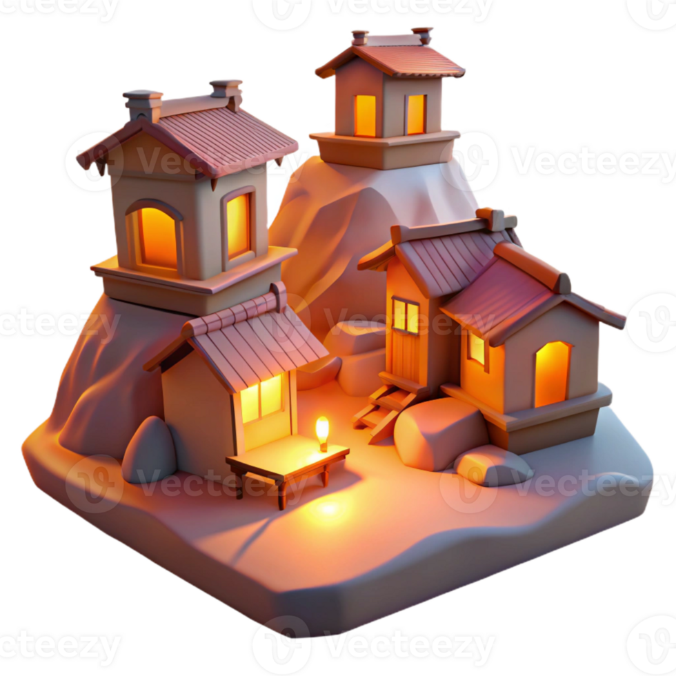 serene abstract Evening Town Isolated Warm Light Hilltop Houses professional png