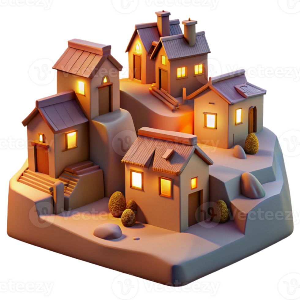 magnificent creative Evening Town Isolated Warm Light Hilltop Houses authentic png