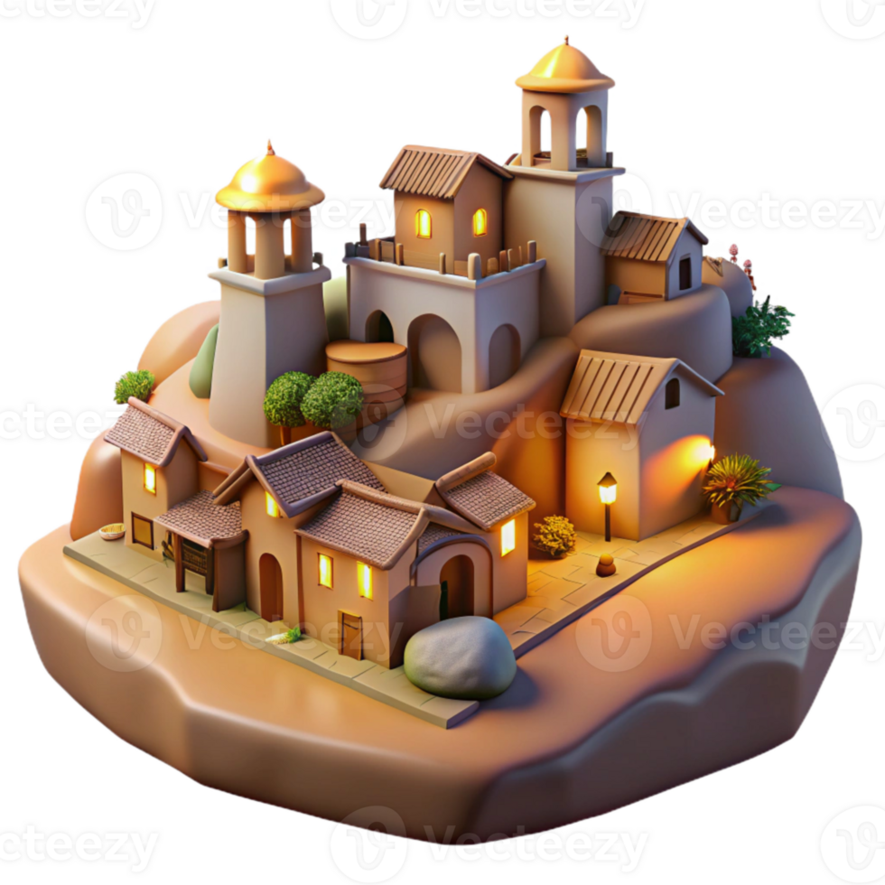 beautiful classic Evening Town Isolated Warm Light Hilltop Houses exclusive png