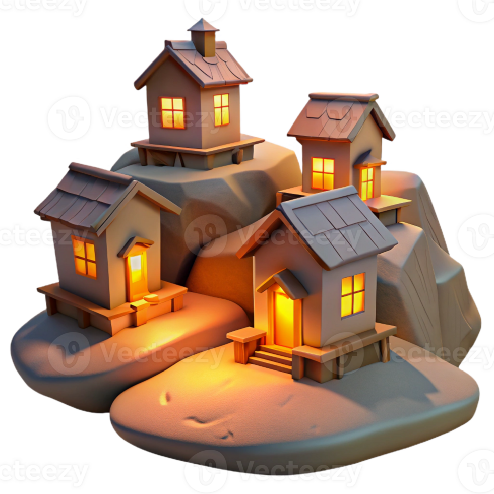 elegant minimalist Evening Town Isolated Warm Light Hilltop Houses exclusive png