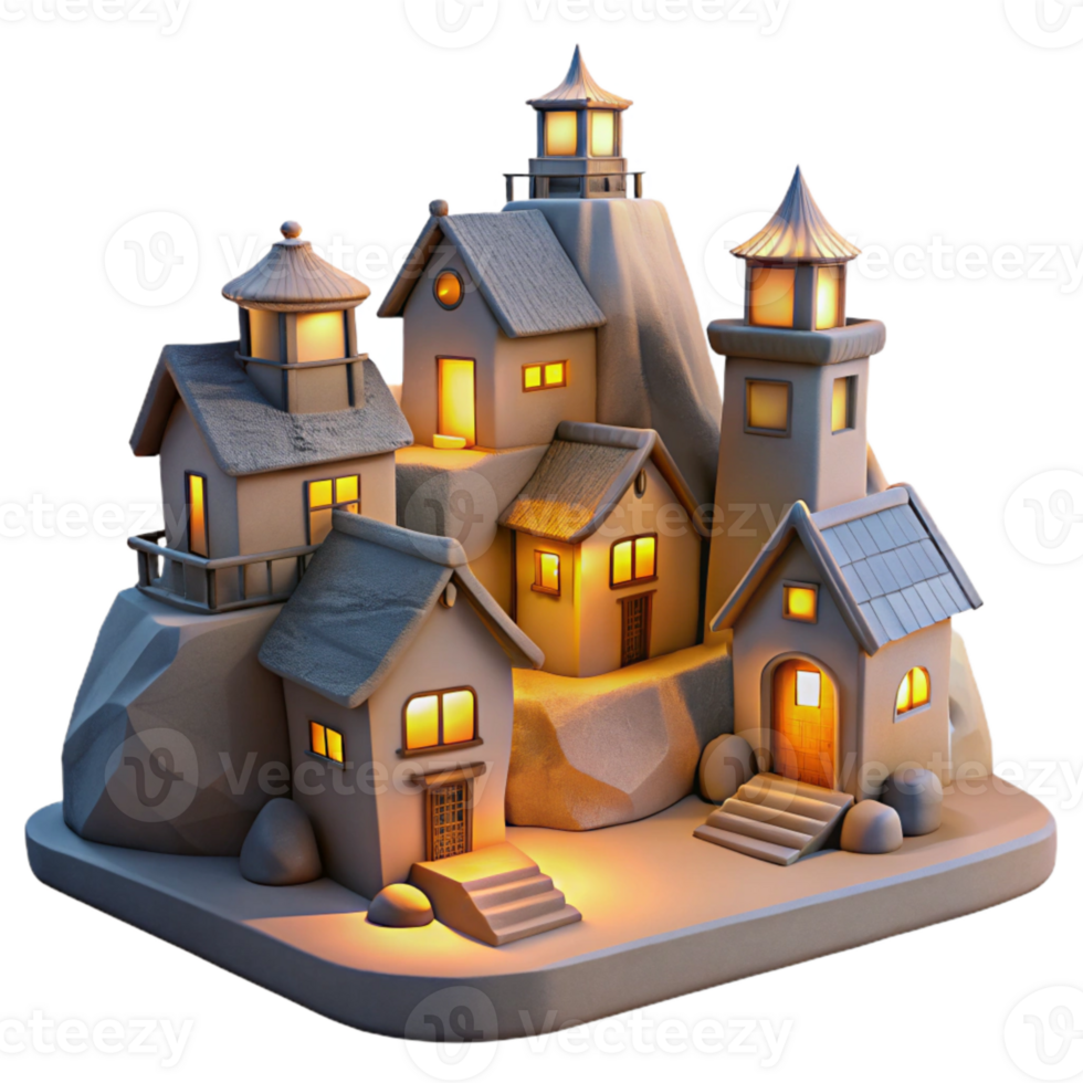 vibrant contemporary Evening Village Isolated Tranquil Hillside Setting Cutout png