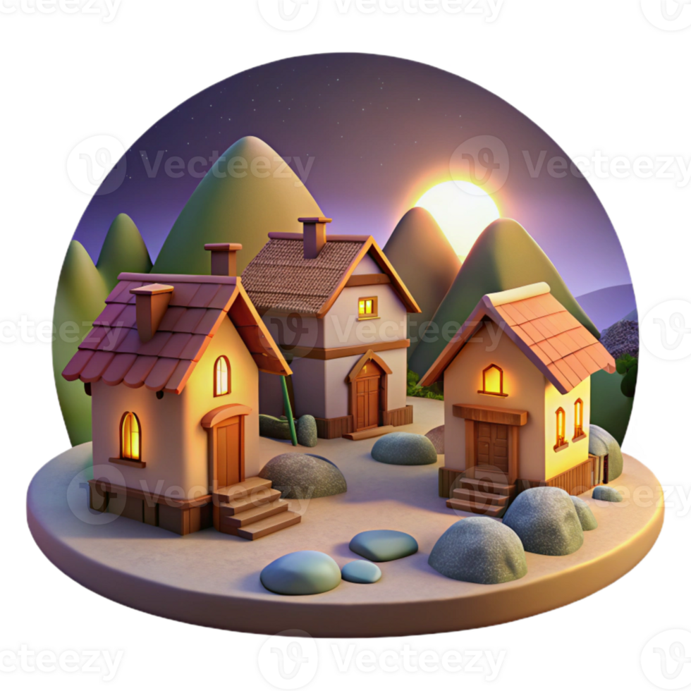 beautiful vintage Evening Village Scene Cutout Twilight Hillside View Transparent Background high quality png