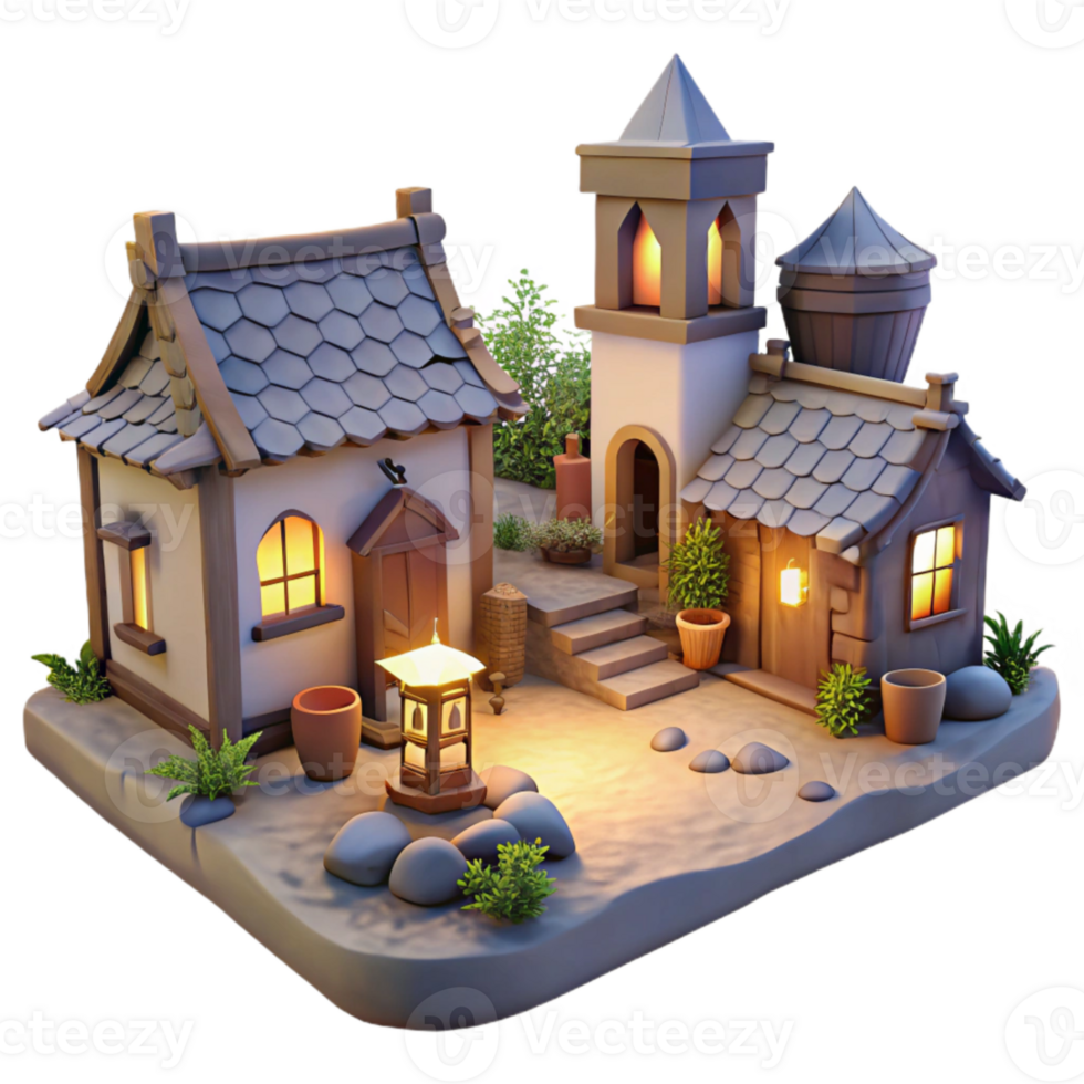 dramatic traditional Evening Village Scene Cutout Twilight Hillside View Transparent Background high quality png