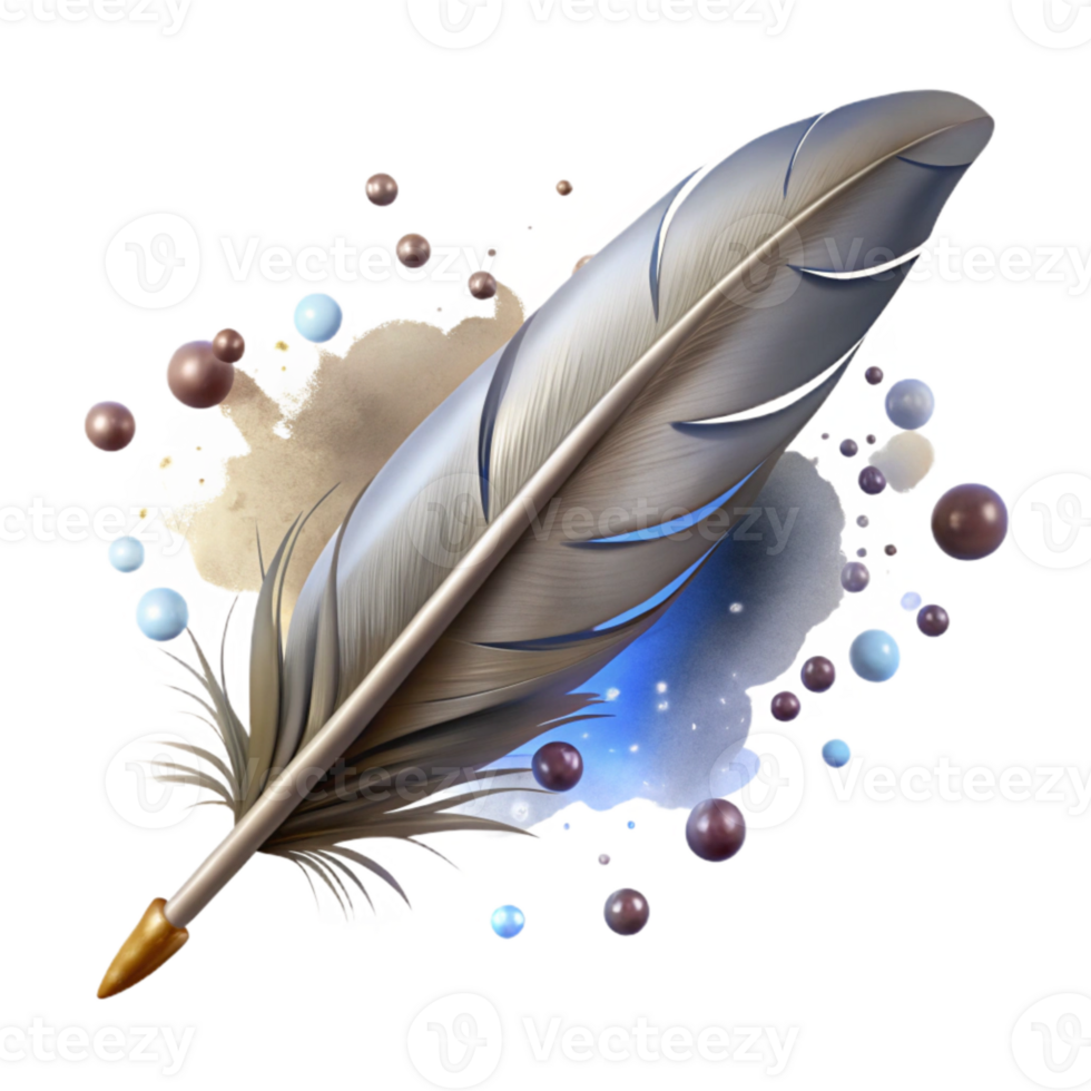 magnificent abstract Feathered Quill Isolated on White with Ink Splatters authentic png