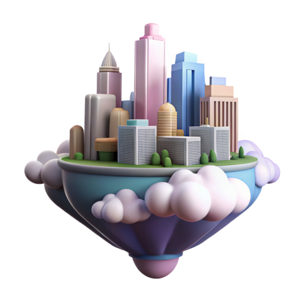 dramatic abstract Floating Cityscape Cutout with Bright Clouds Transparent Background high quality png