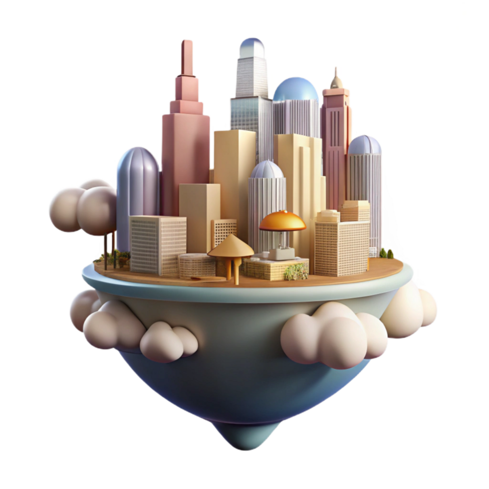 elegant abstract Floating Cityscape Cutout with Bright Clouds Transparent Background high resolution png