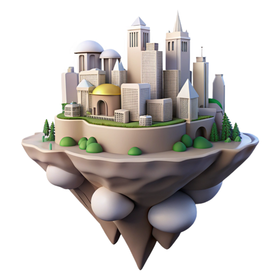 serene contemporary Floating Island City Cutout with Green Gardens Transparent Background premium png