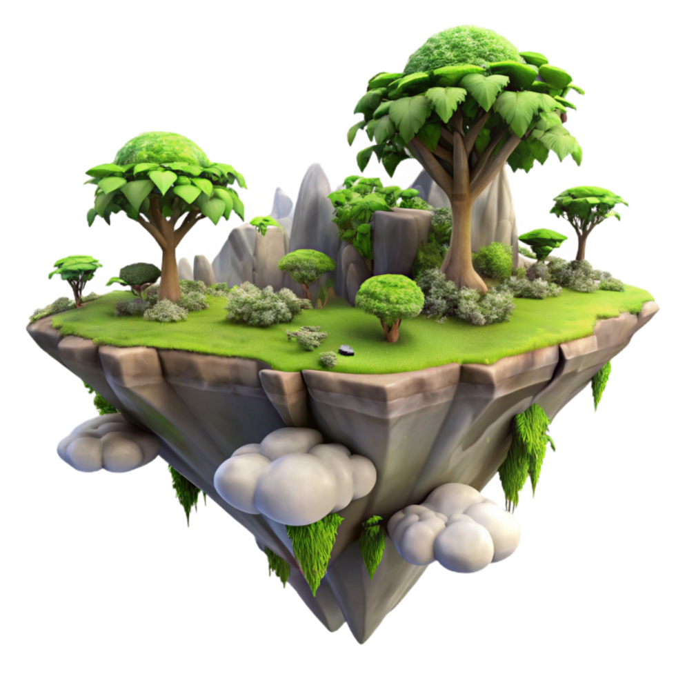 impressive abstract Flying Island Cutout Lush Greenery Transparent Background high quality png