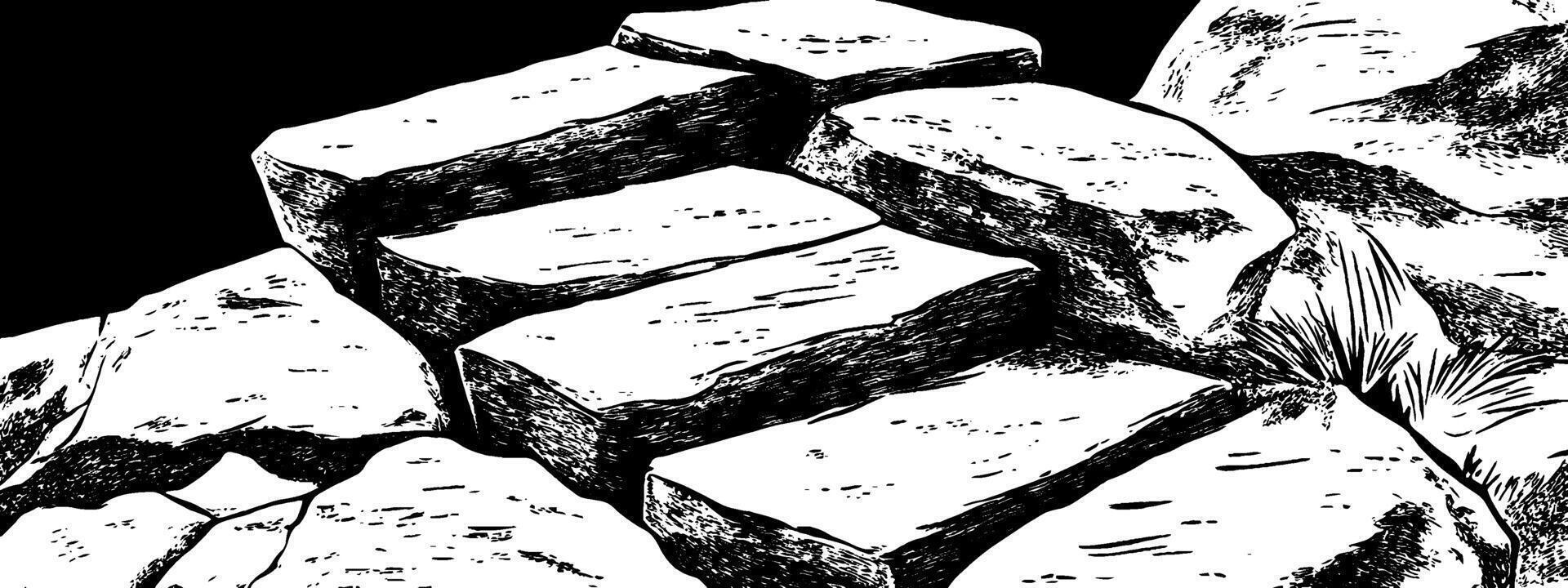 Vintage woodcut illustration of rough stone steps creating a natural pathway vector