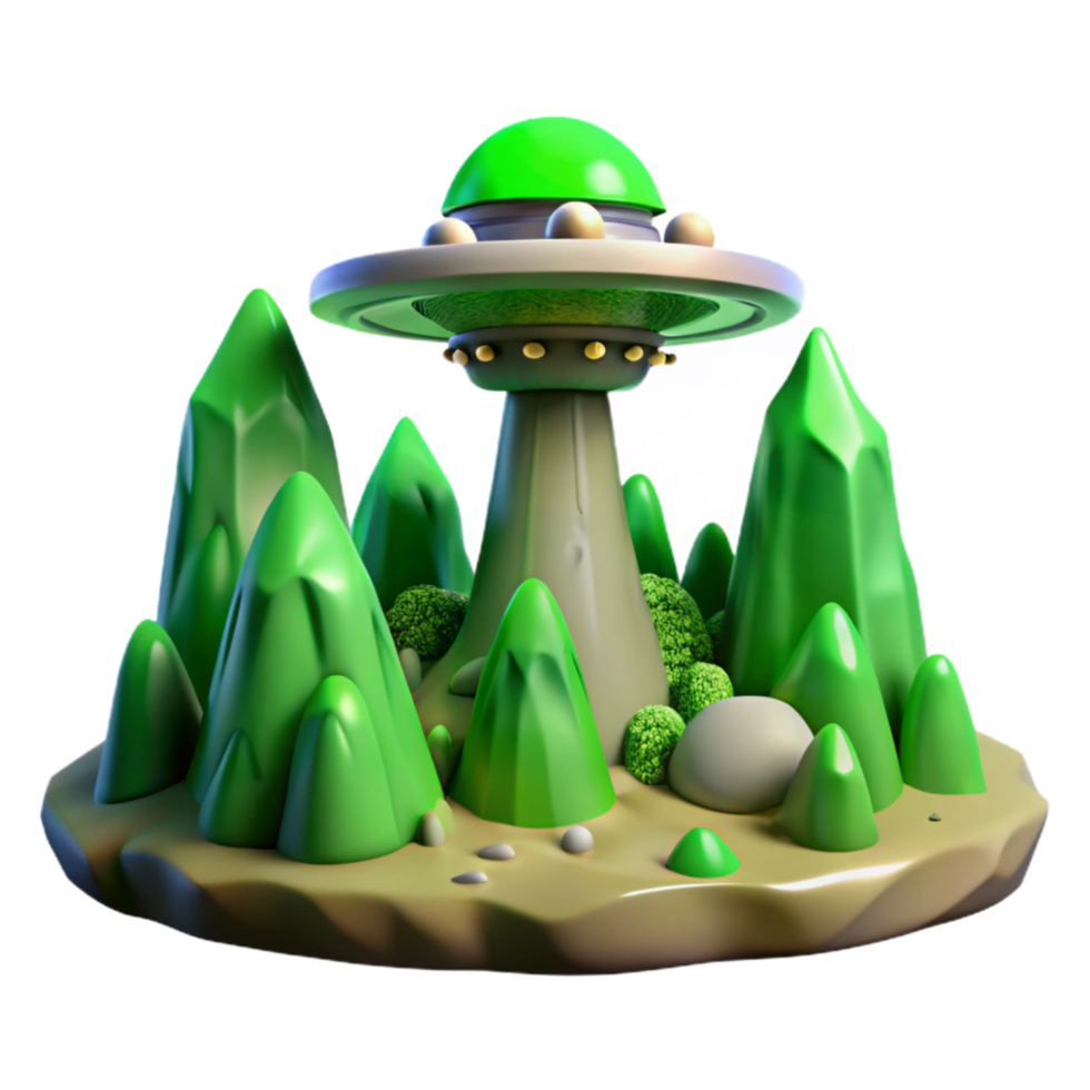 impressive modern Green Alien Landscape with Terraform Tower Isolated high quality png