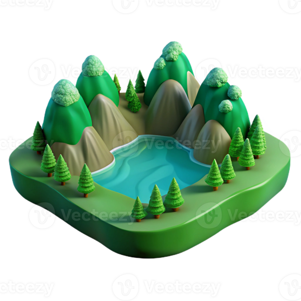 dramatic modern Green Hillside Lake View Isolated Element original png