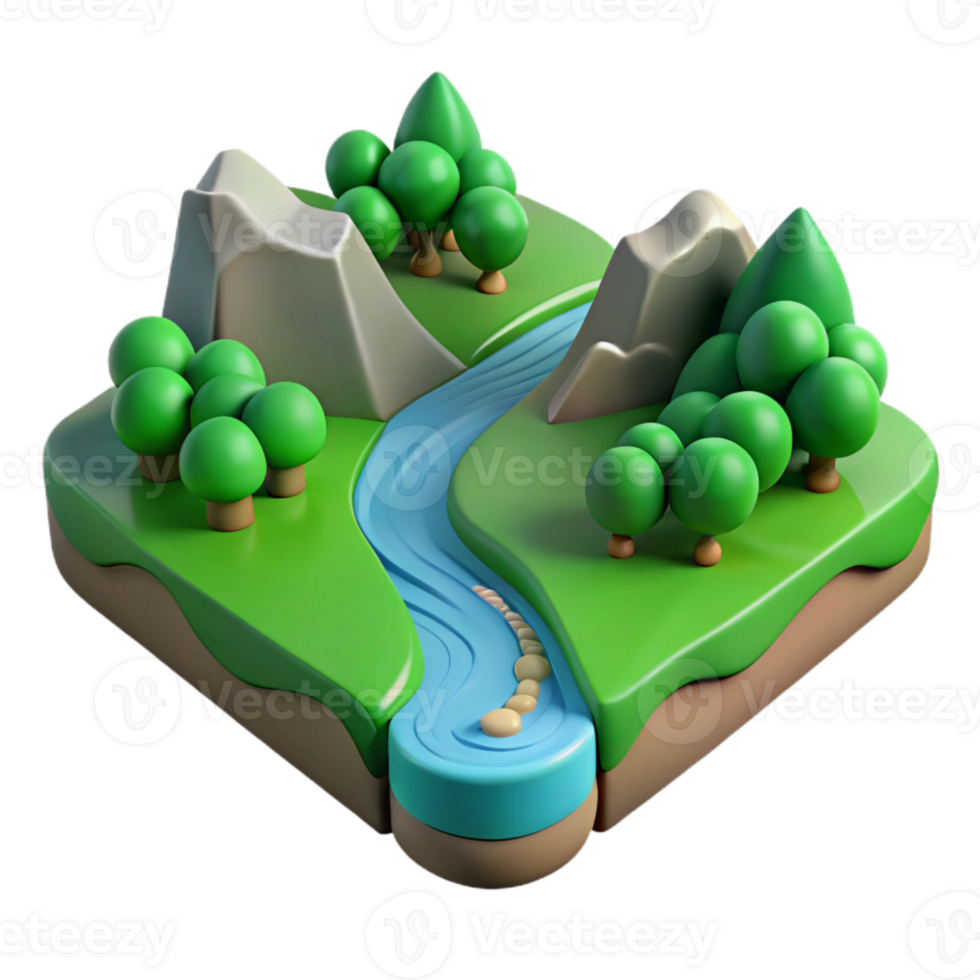 vibrant vintage Green Valley with River Cutout Front View high resolution png