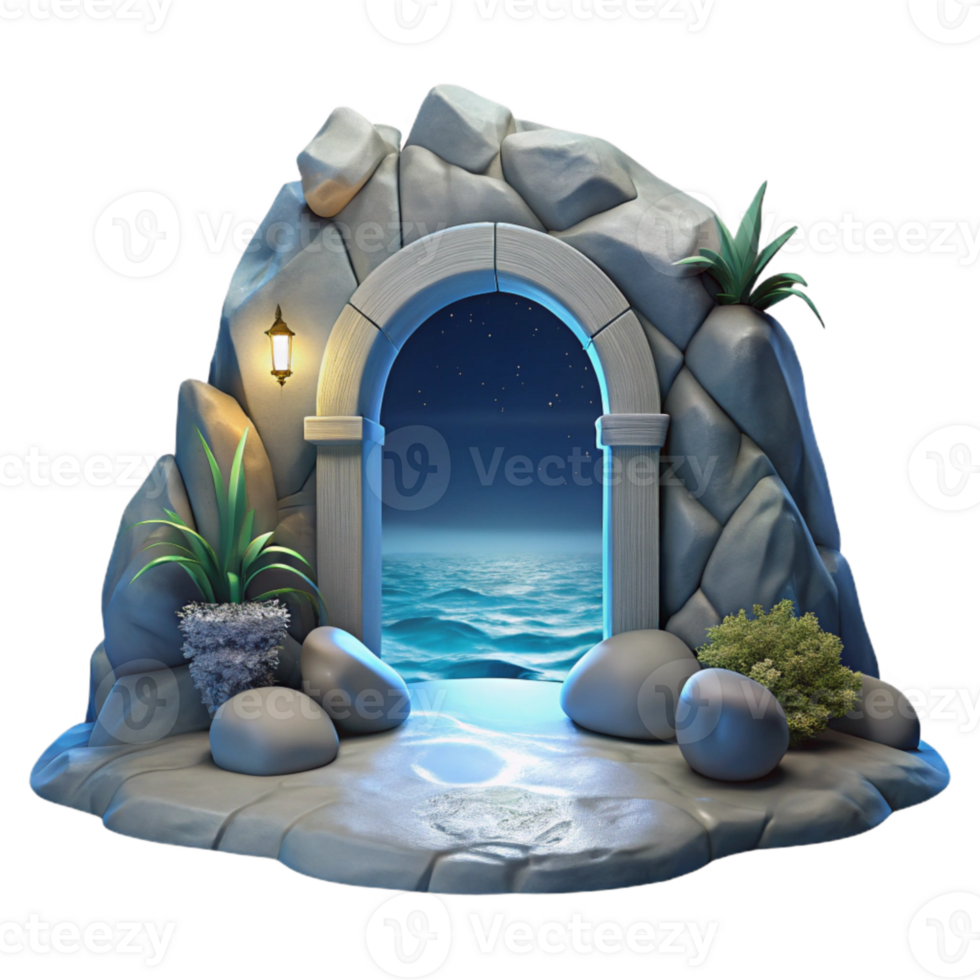 beautiful rustic Grotto Entrance with Moonlit Ocean View Isolated detailed png