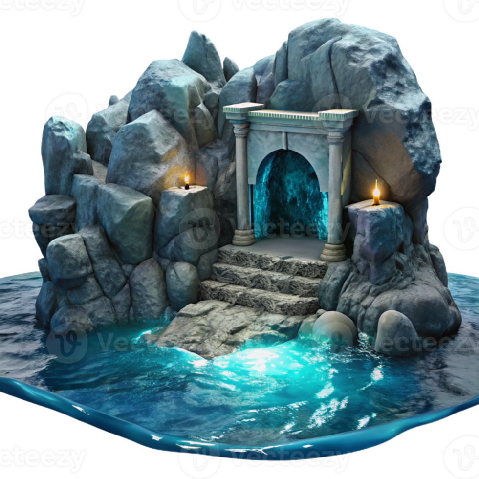 serene minimalist Grotto in Ocean Cliff Cutout Moonlit Scene detailed png