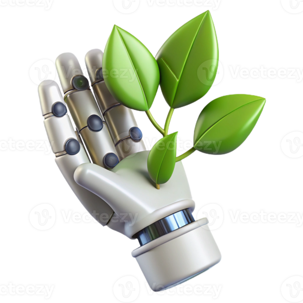 beautiful traditional Growing Leaves Emerging From Robot Hand Isolated high resolution png