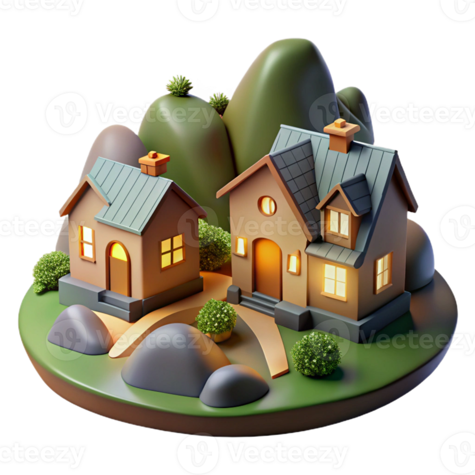 serene classic Hillside Houses Cutout Tranquil Evening Scene Isolated png