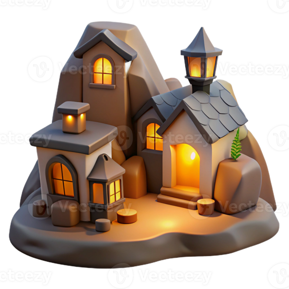 impressive rustic Hillside Village at Night Cutout Warm Window Glow high resolution png