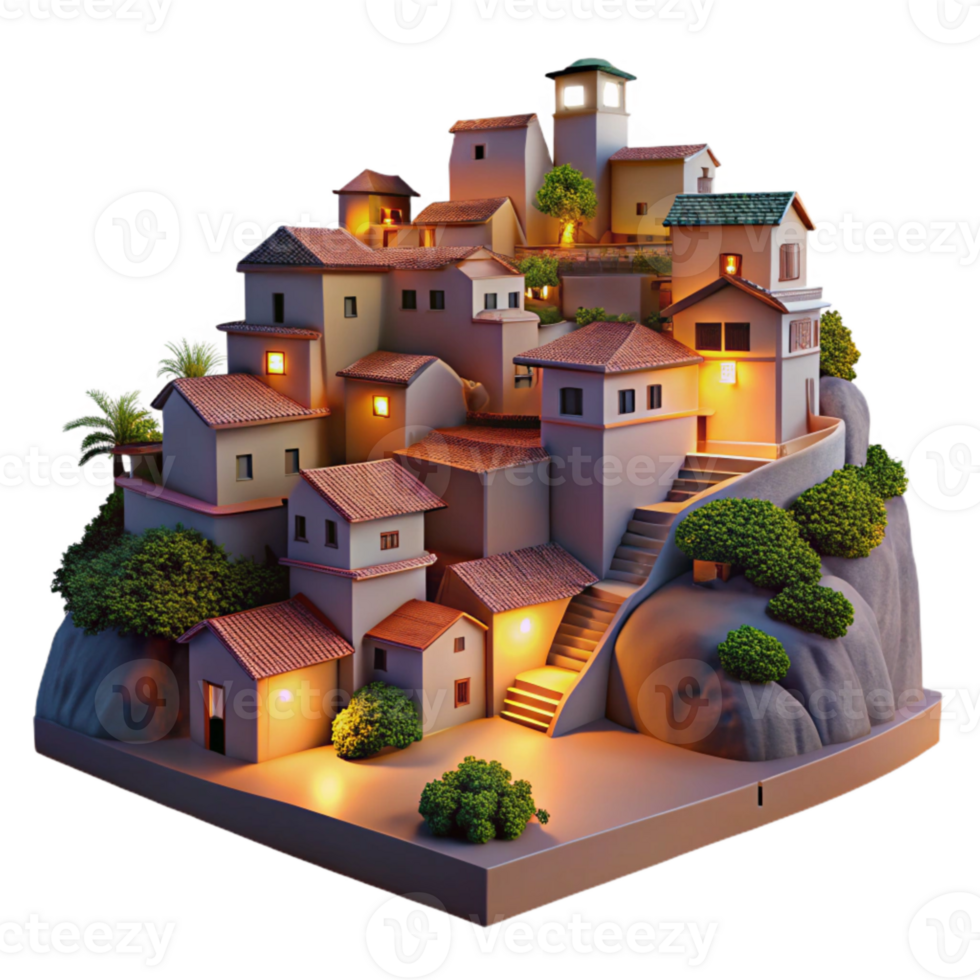 magnificent rustic Hillside Town at Dusk Cutout Transparent Background high resolution png