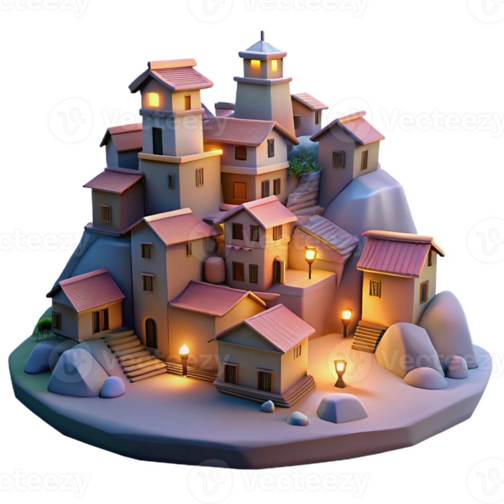 dramatic rustic Hillside Village at Twilight Cutout Transparent Background high quality png