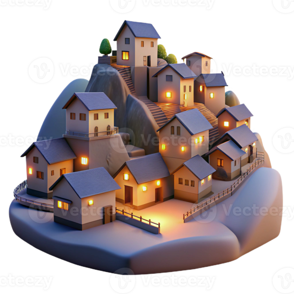 wonderful artistic Hillside Village at Twilight Cutout Transparent Background genuine png