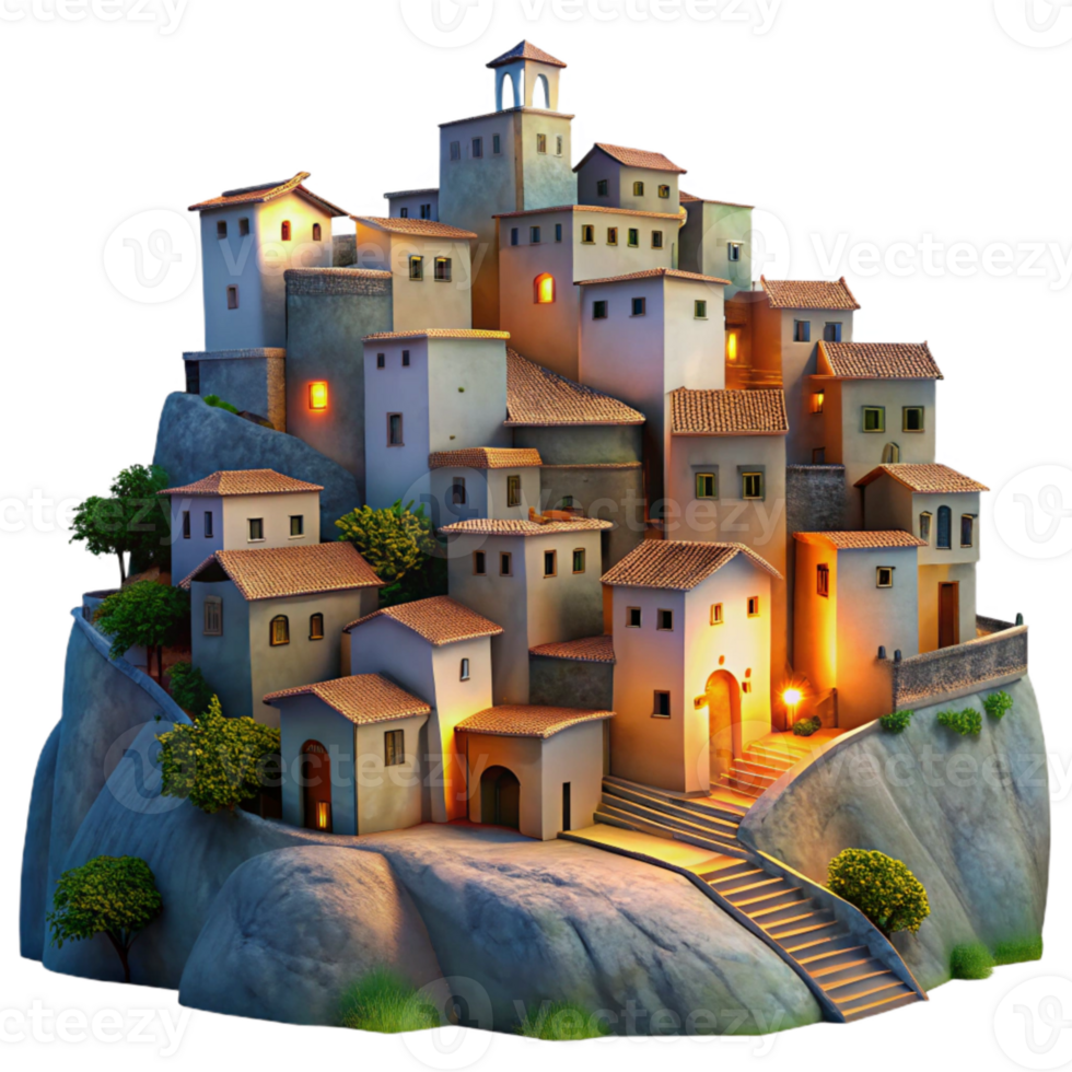 serene artistic Hillside Village at Dusk Transparent Background high quality png