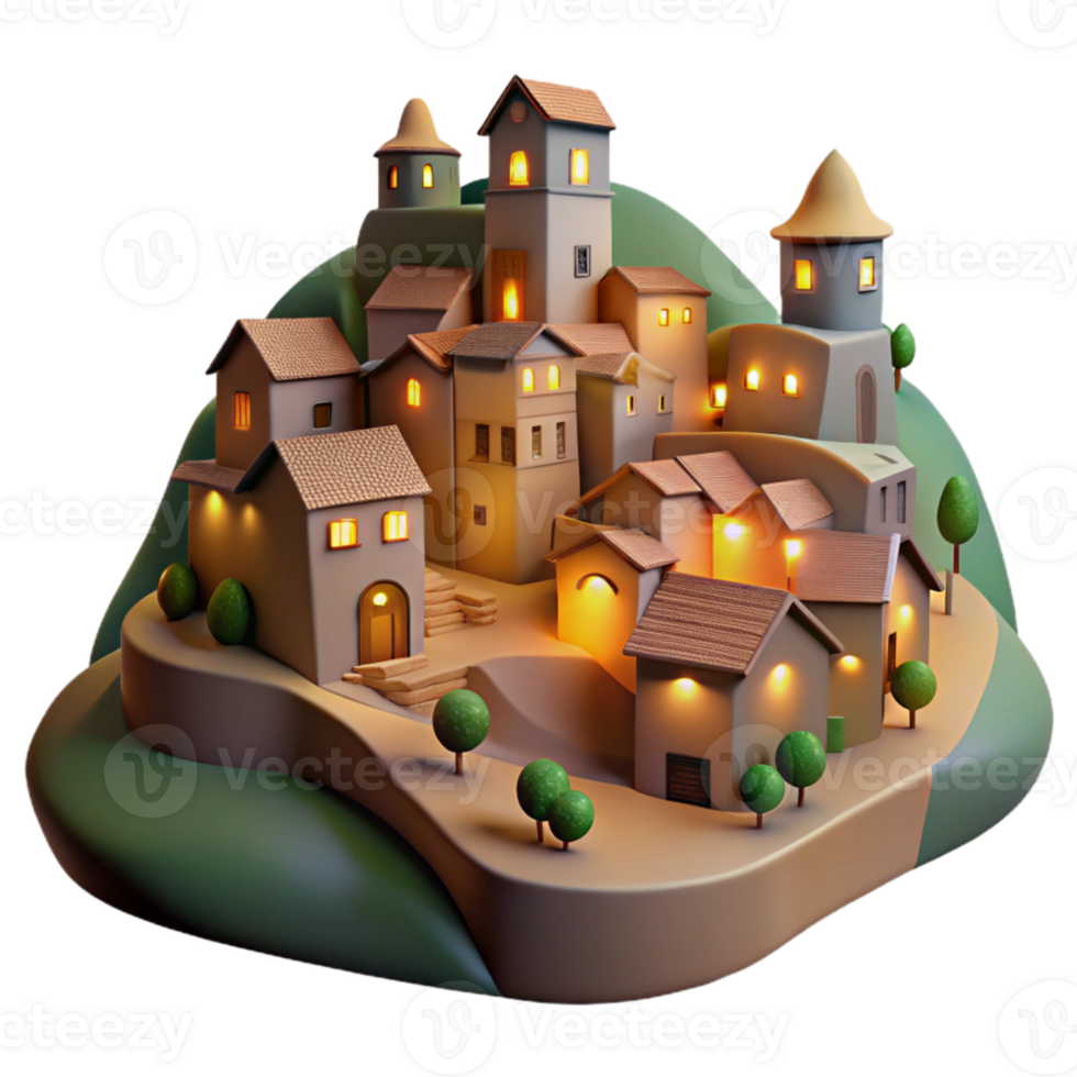 extraordinary artistic Hillside Village Cutout Evening Glow Transparent Background exclusive png