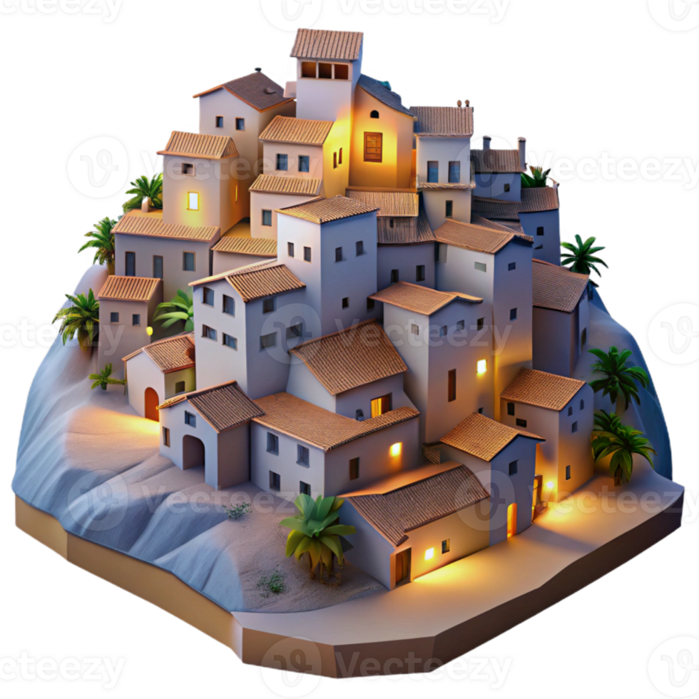 elegant artistic Hillside Village at Twilight Cutout Transparent Background original png
