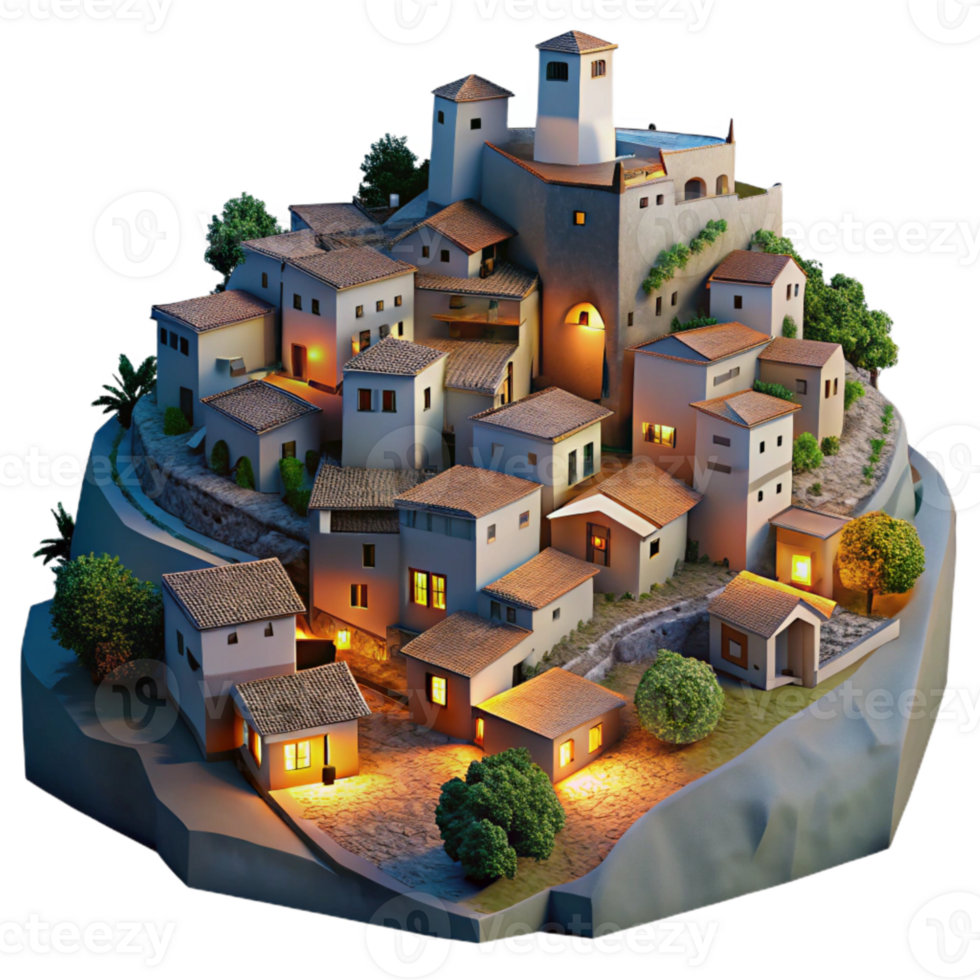 beautiful traditional Hillside Village at Dusk Transparent Background premium png