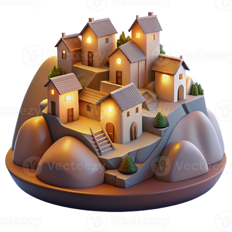 serene rustic Hillside Village Cutout Evening Glow Transparent Background detailed png