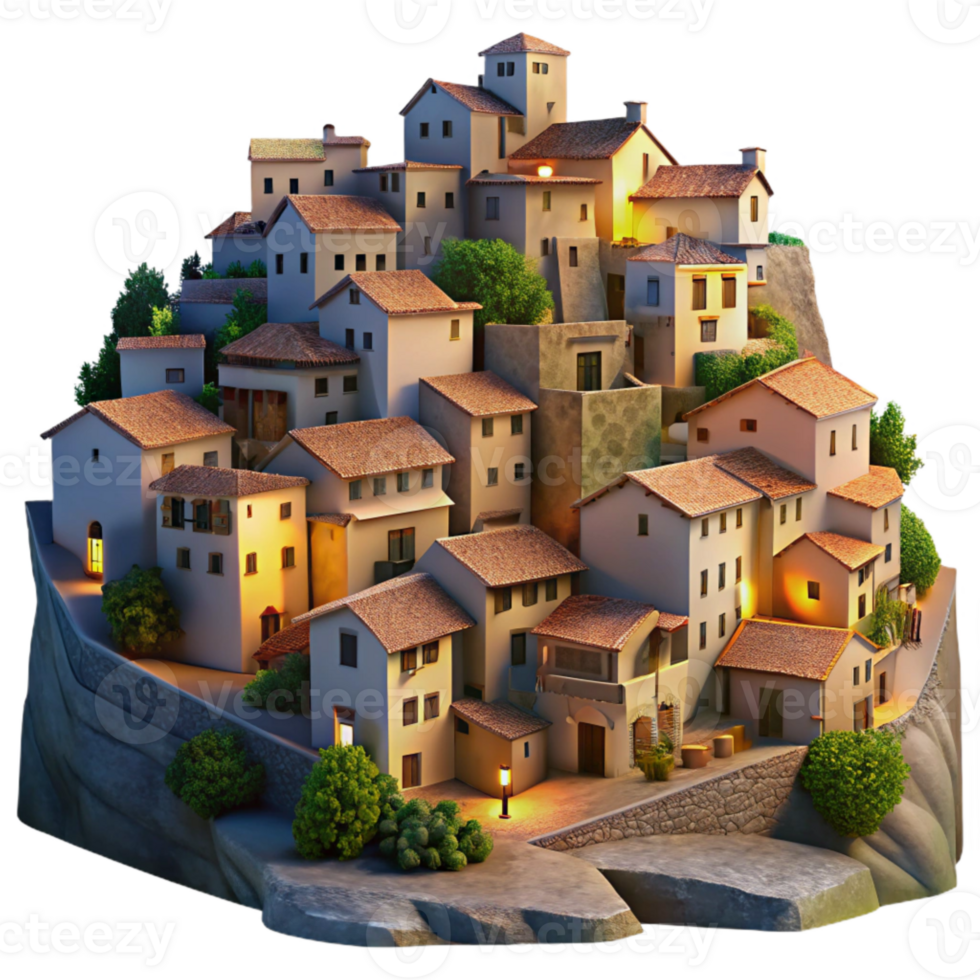 elegant classic Hillside Village at Twilight Cutout Transparent Background high quality png
