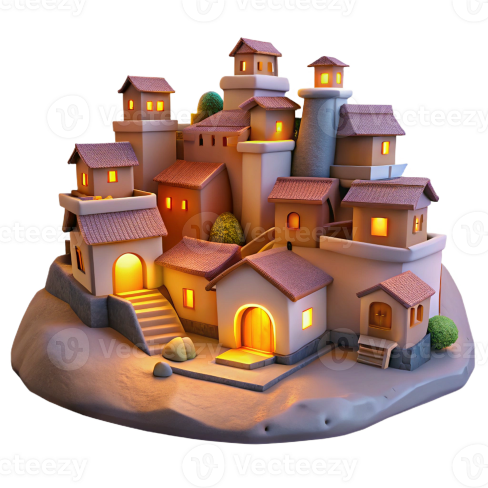 elegant artistic Hillside Village Cutout Evening Glow Transparent Background high quality png