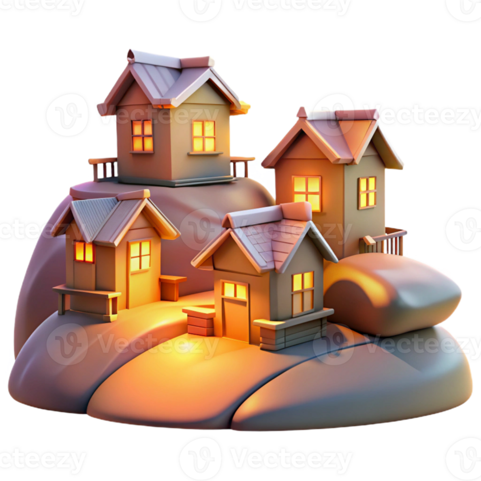 magnificent traditional Hilltop Houses Isolated Evening Glow Transparent Background premium png