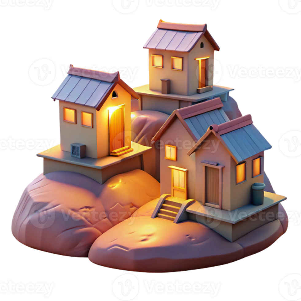 dramatic rustic Hilltop Houses Isolated Evening Glow Transparent Background high resolution png
