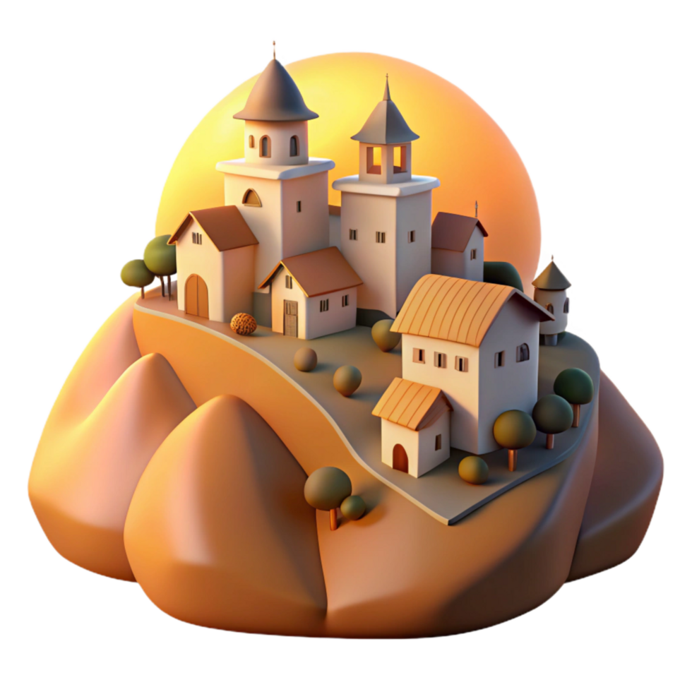 beautiful modern Hilltop Village Cutout Golden Hour Lighting Transparent Background premium png