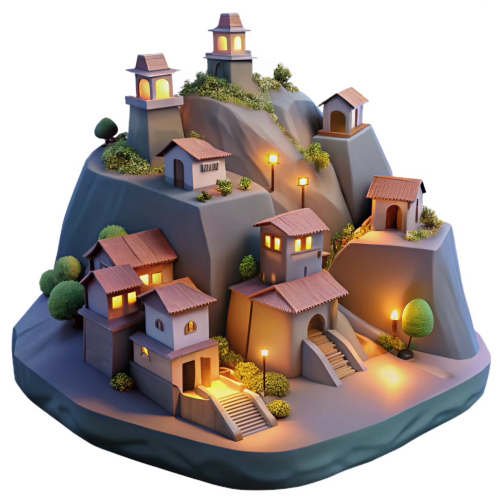 impressive artistic Hilltop Village Isolated Soft Glow at Dusk original png