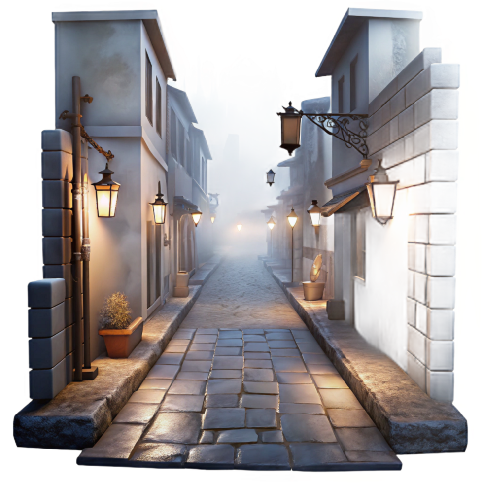 dramatic traditional Isolated Misty Alleyway with High Contrast Lighting png