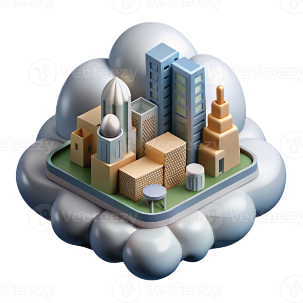 extraordinary vintage Isometric Cloud City Cutout Detailed Architecture Transparent Background high quality png