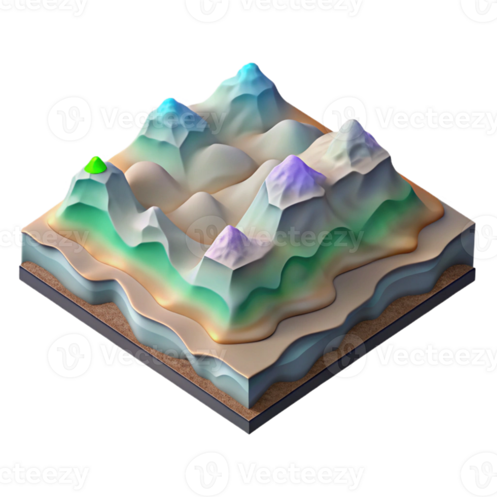 dramatic rustic Isometric Spectral Terrain Map with Transparent Background high resolution png
