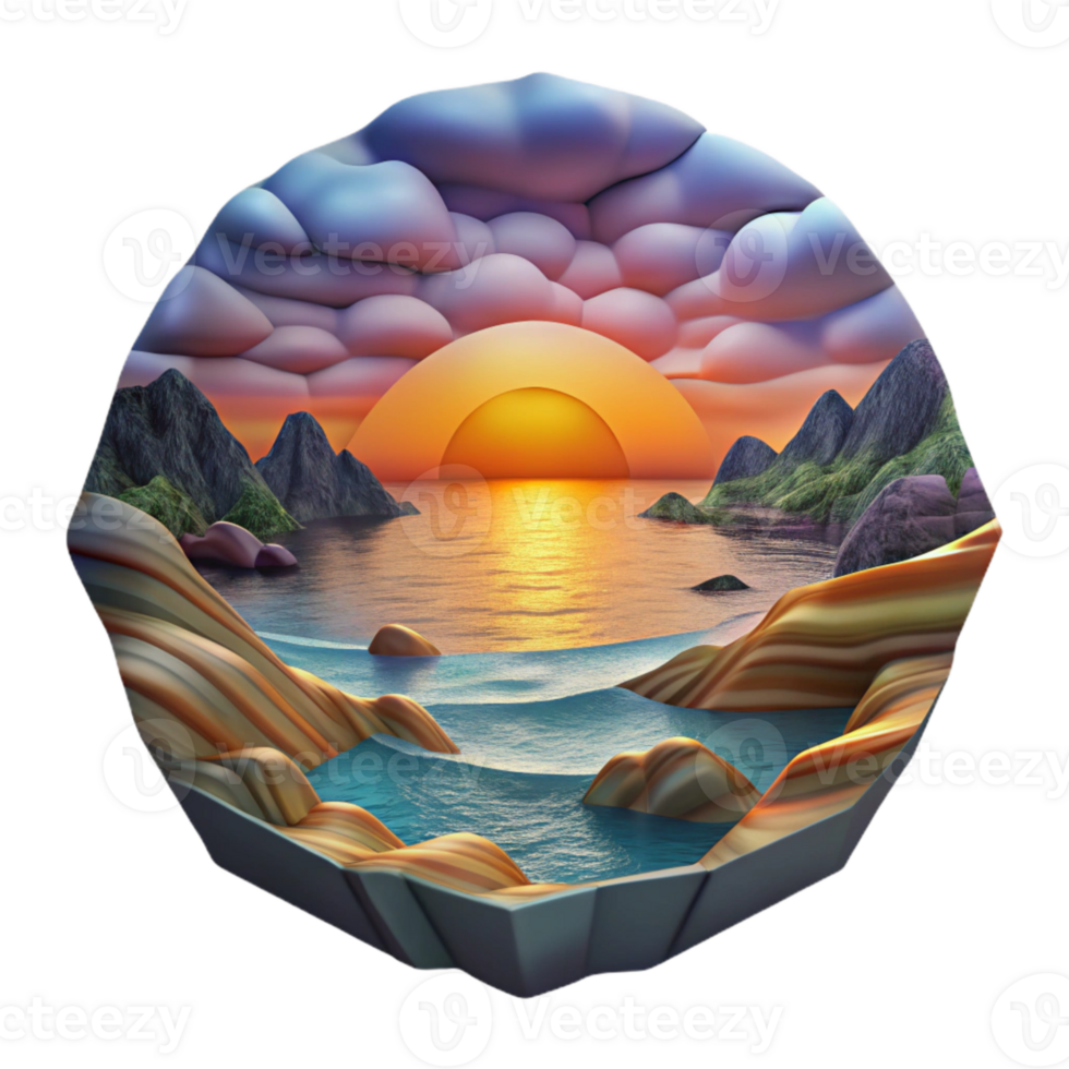 beautiful minimalist Kaleidoscope Coastline Cutout Vibrant Sunset Hues Transparent Background high resolution png
