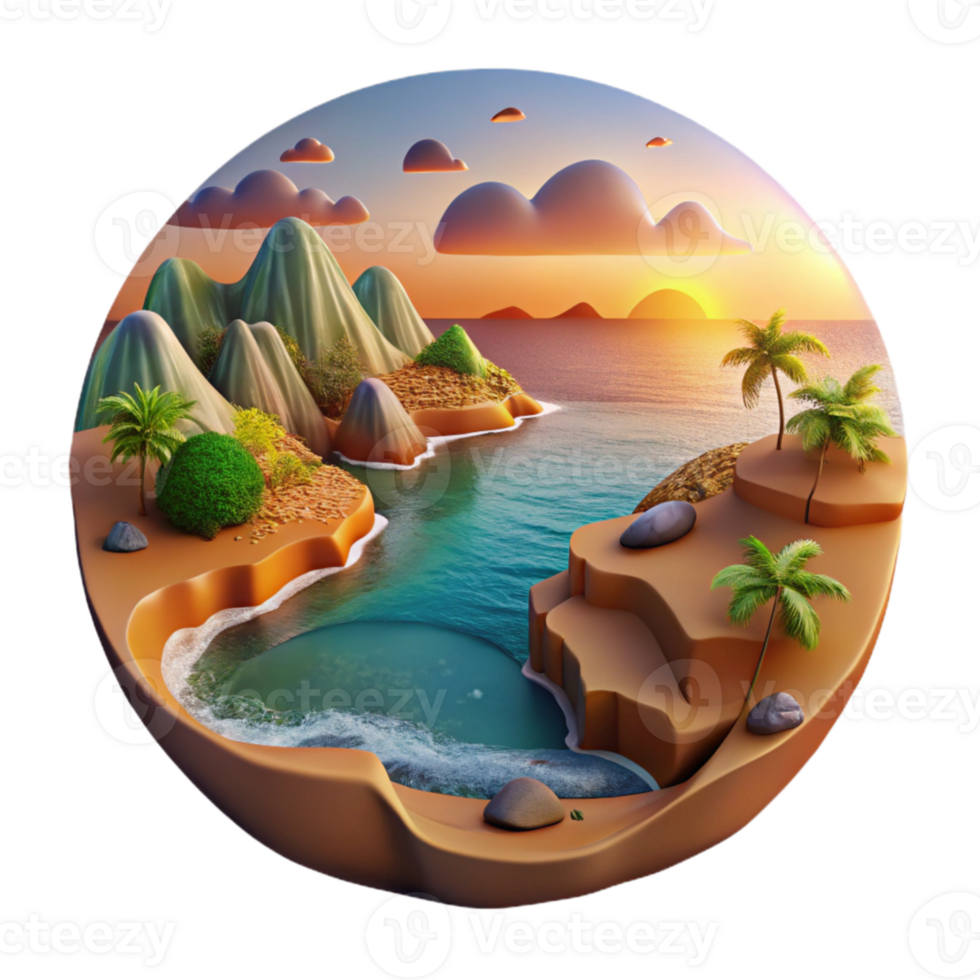 vibrant vintage Kaleidoscope Coastline Isolated Tranquil Blue Waters Cutout Element high resolution png
