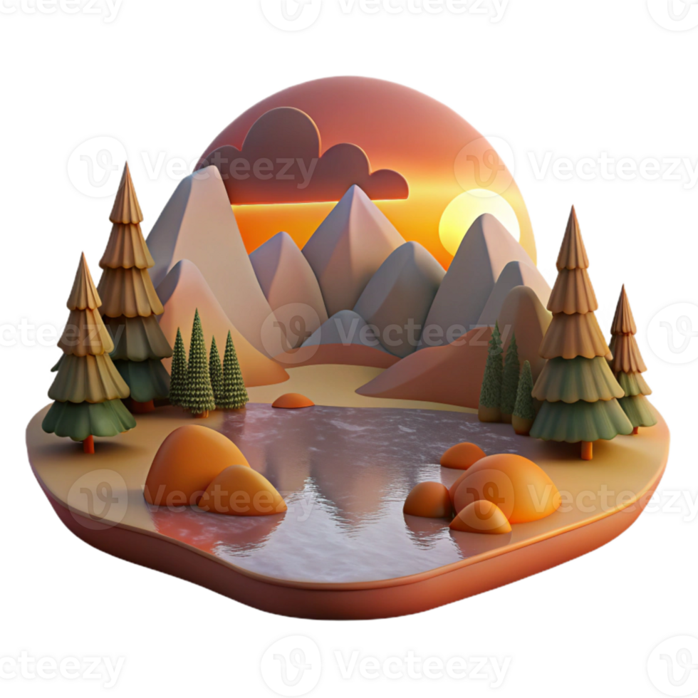 beautiful artistic Lake Landscape at Dusk Cutout with Warm Colors original png