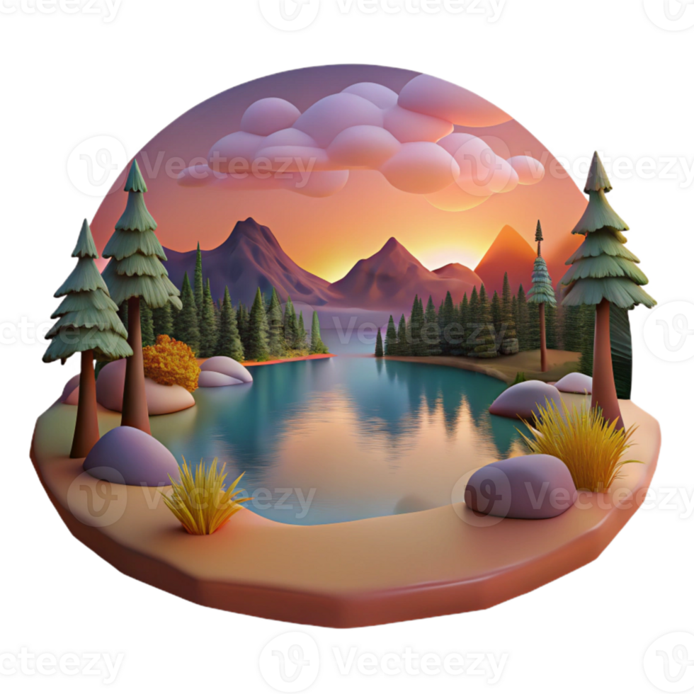 elegant classic Lake Landscape at Dusk Cutout with Warm Colors detailed png
