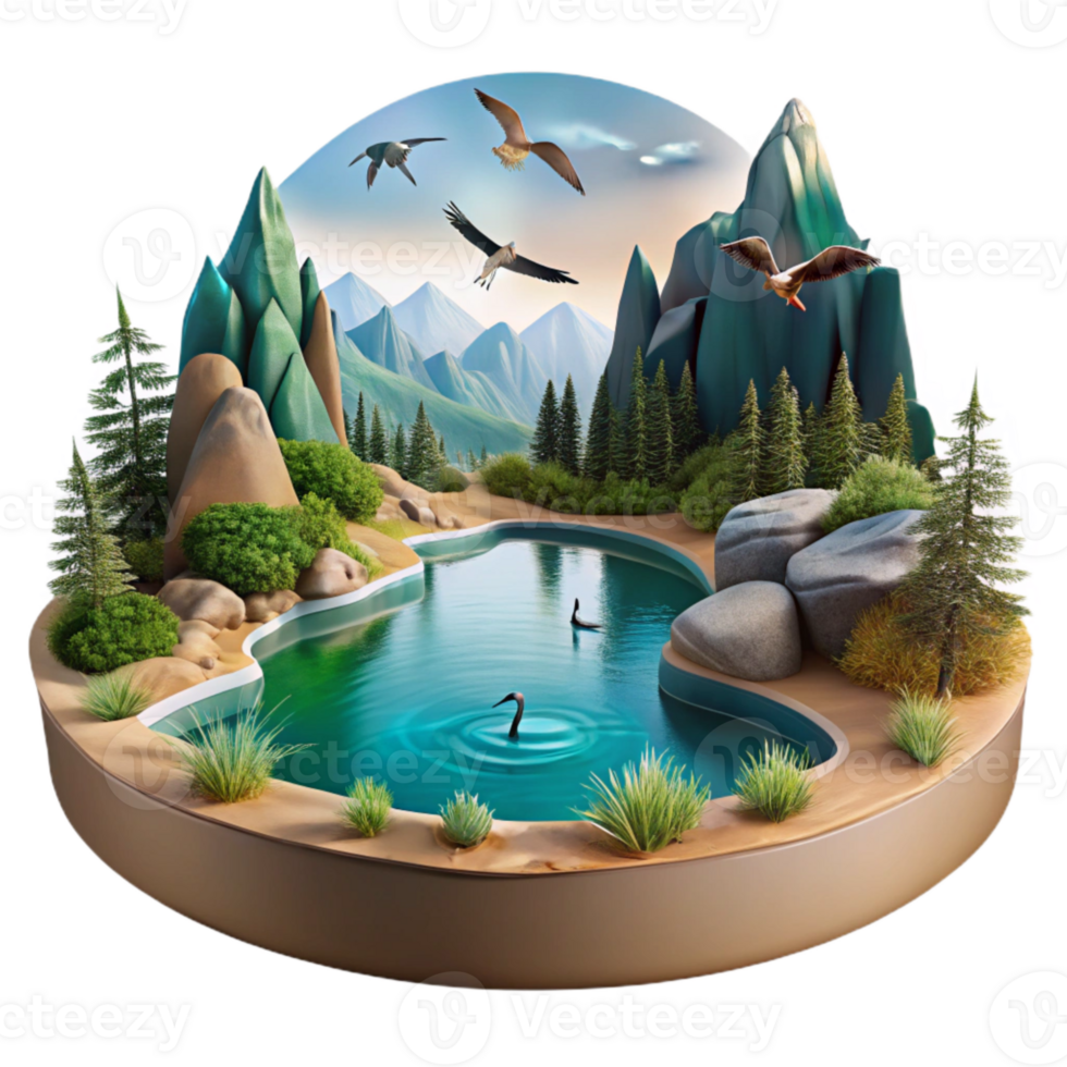wonderful rustic Lake Landscape with Birds Cutout Isolated original png