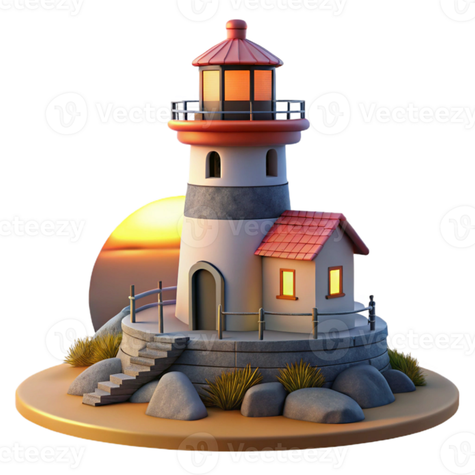 vibrant contemporary Lighthouse at Sunset Cutout Coastal Scene Isolated original png