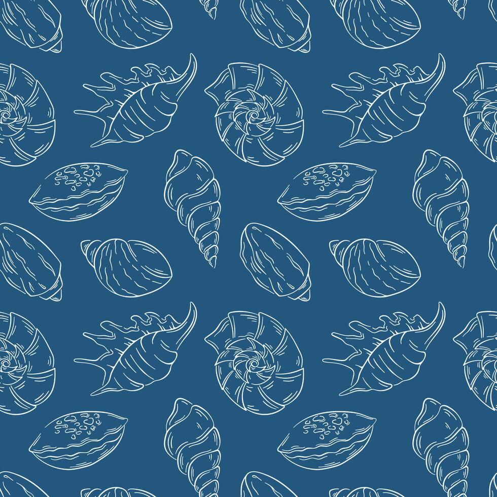 Seamless pattern with line art style sea shell on a blue background. Ideal for marine themed design, fabric packaging, wallpaper and summer or beach style project. vector