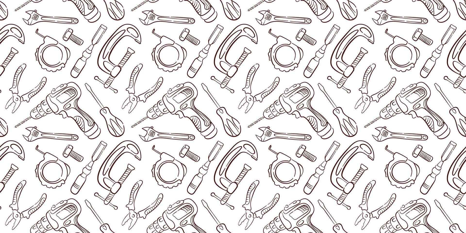 Seamless pattern of construction tool including drill, pliers, wrench, clamp and screwdriver in line art style on white background for industrial and repair design. vector