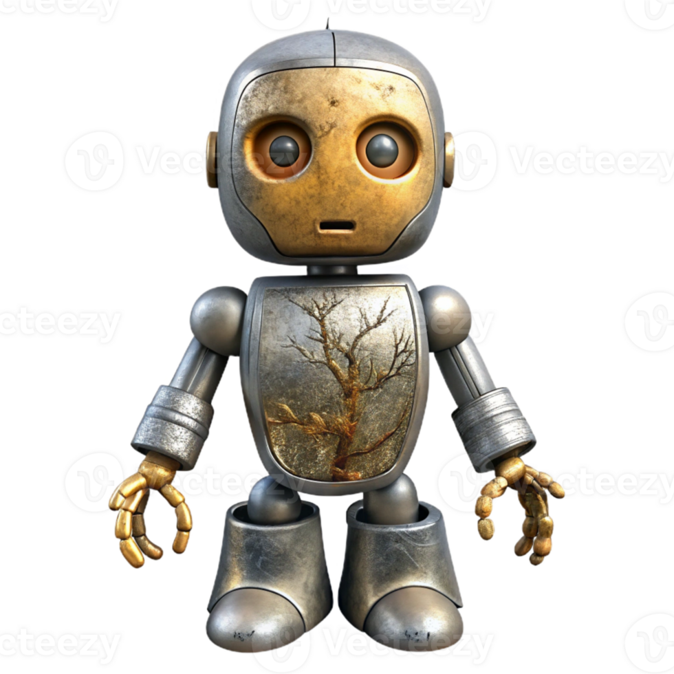 serene rustic Metallic Robot with Emerging Roots Transparent high quality png
