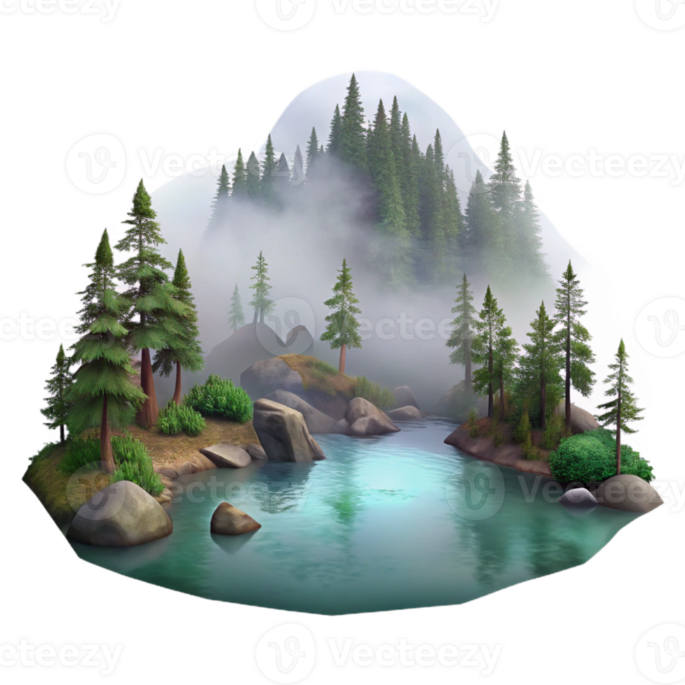 serene traditional Misty Forest Lake Scenery with Transparent Background high resolution png