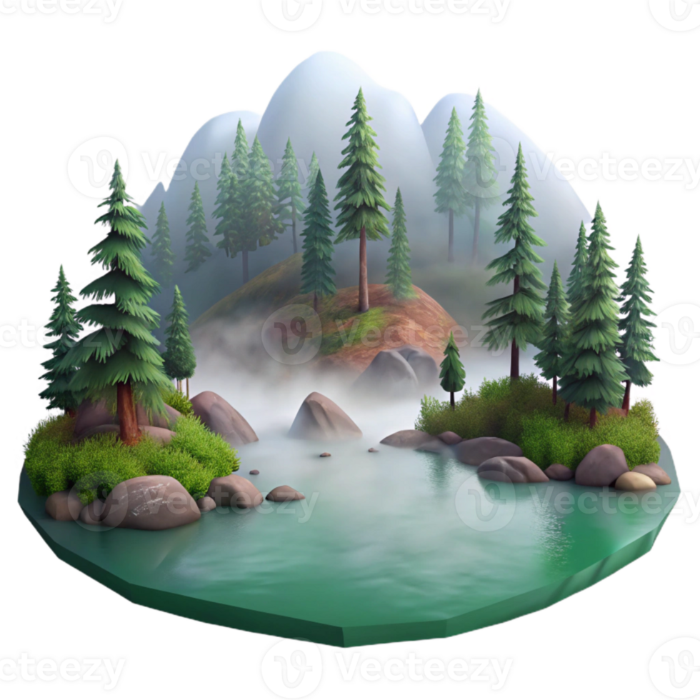 wonderful artistic Misty Forest Lake Scenery with Transparent Background authentic png